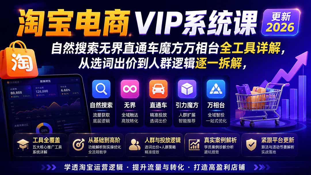 淘宝电商VIP系统课-更新8月；自然搜索无界直通车魔方万相台全工具详解，从选词出价到人群逻辑逐一拆解-资源共享