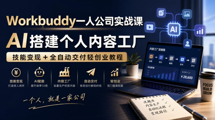 Workbuddy一人公司实战课,AI搭建个人内容工厂,技能变现+全自动交付轻创业教程-资源共享