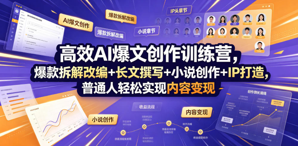 高效AI爆文创作训练营，爆款拆解改编+长文撰写+小说创作+IP打造，普通人轻松实现内容变现-资源共享