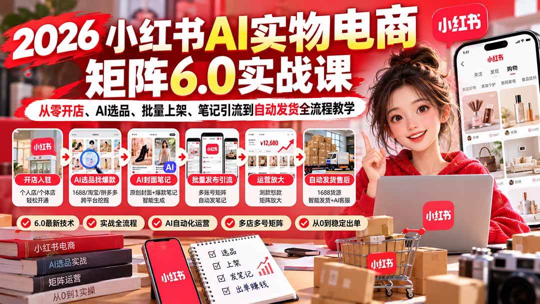 （21274期）2026小红书AI实物电商矩阵6.0实战课：从零开店、AI选品、批量上架、笔记引流到自动发货全流程教学-资源共享