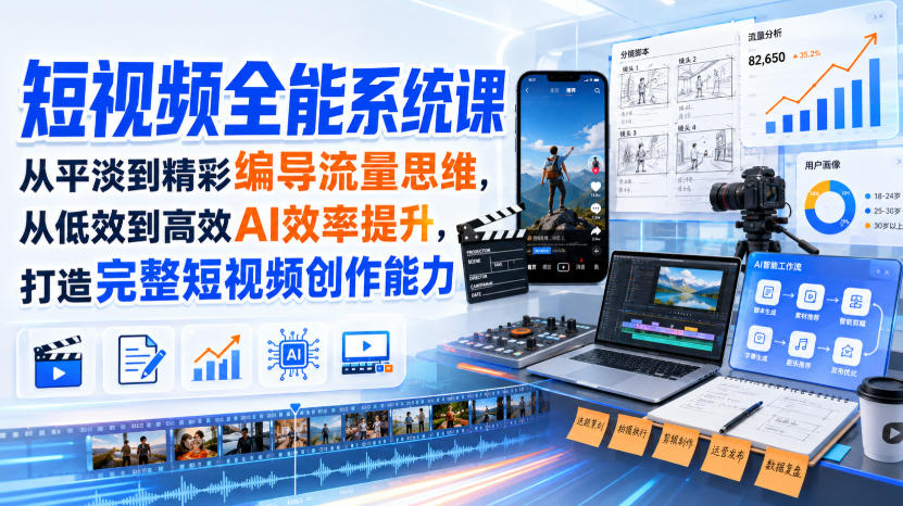 短视频全能系统课,从平淡到精彩编导流量思维,从低效到高效AI效率提升,打造完整短视频创作能力(2026年8月30更新233集) 短视频全能系统课,从平淡到精彩编导流量思维,从低效到高效AI效率提升,打造完整短视频创作能力(2026年8月30更新233集)
