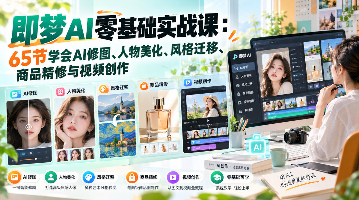 即梦AI零基础实战课:65节学会AI修图、人物美化、风格迁移、商品精修与视频创作 即梦AI零基础实战课:65节学会AI修图、人物美化、风格迁移、商品精修与视频创作