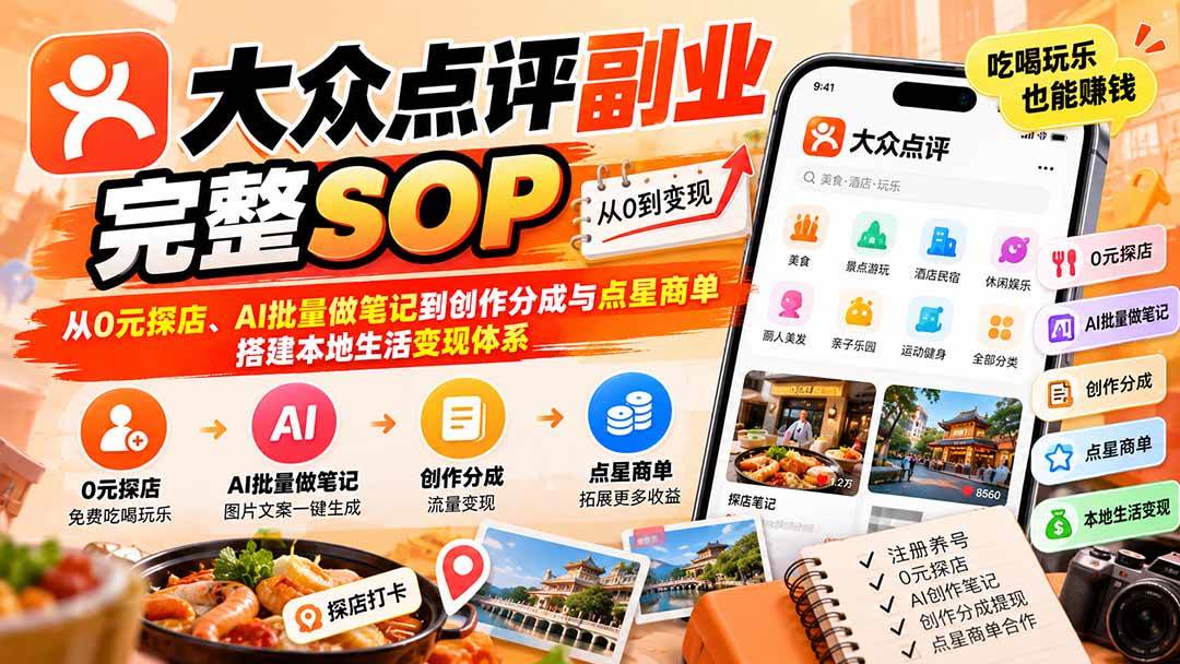 （20638期）【无水印】大众点评副业完整SOP：从0元探店、AI批量做笔记到创作分成与点星商单，搭建本地生活变现体系