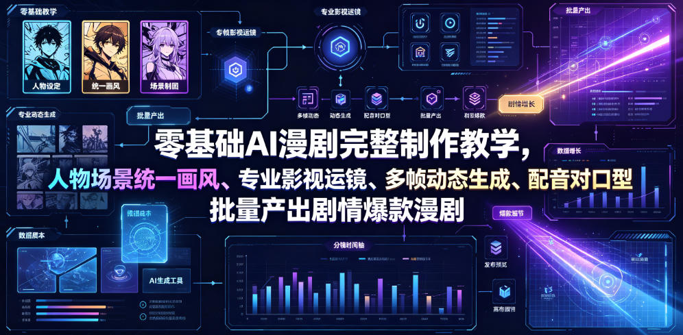 零基础AI漫剧完整制作教学,人物场景统一画风、专业影视运镜、多帧动态生成、配音对口型,批量产出剧情爆款漫剧-资源共享