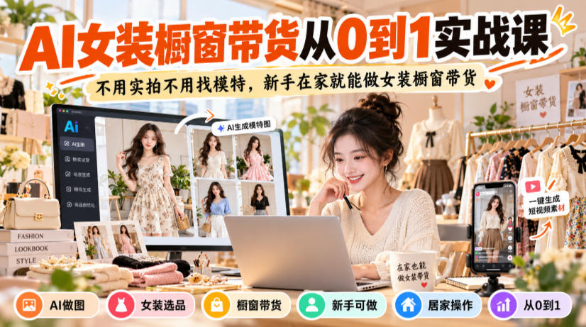 AI女装橱窗带货从0到1实战课,不用实拍不用找模特,新手在家就能做女装橱窗带货-资源共享