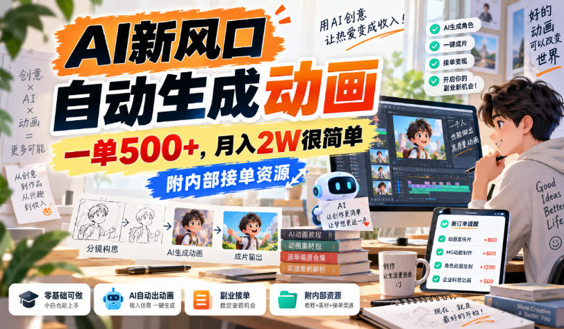 AI新风口，自动生成动画，一单500+，月入2W很简单，附内部接单资源【揭秘】-资源共享