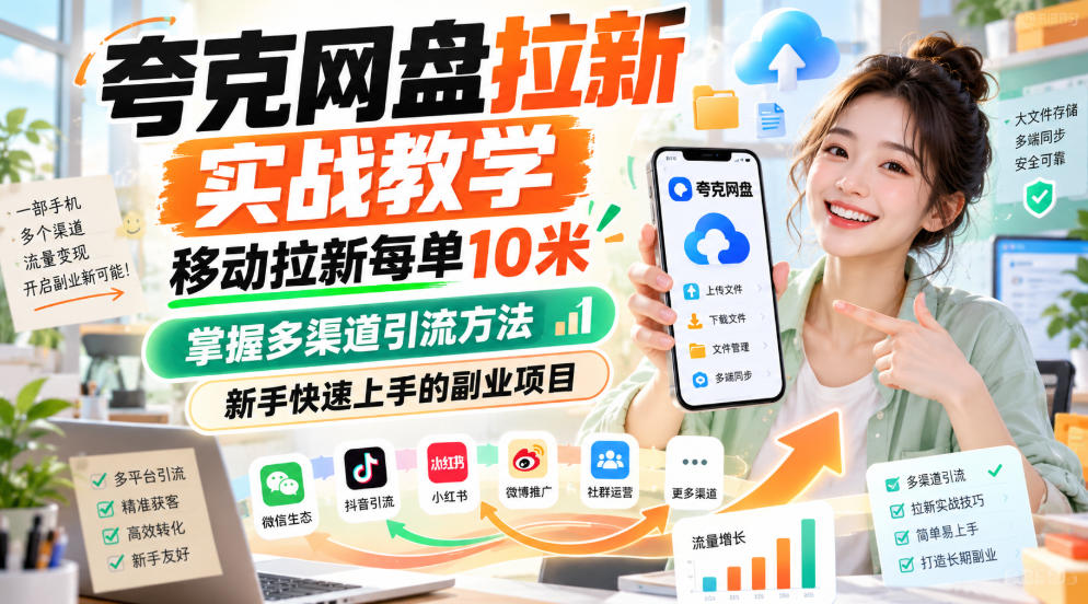 夸克网盘拉新实战教学，移动拉新每单10米，掌握多渠道引流方法，新手快速上手的副业项目（更新1028）-资源共享