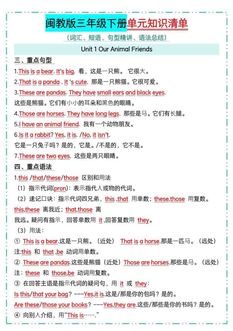 三年级下英语1-6单元知识点汇总《闽教版》-资源共享