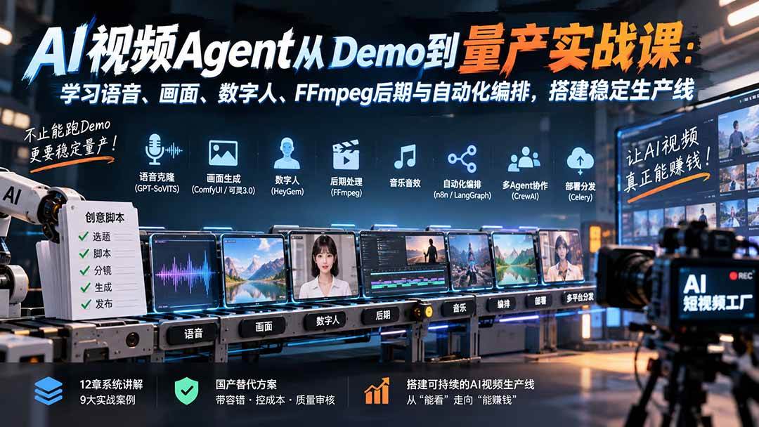 （20451期）AI视频Agent从Demo到量产实战课：学习语音、画面、数字人、FFmpeg后期与自动化编排，搭建稳定生产线-资源共享
