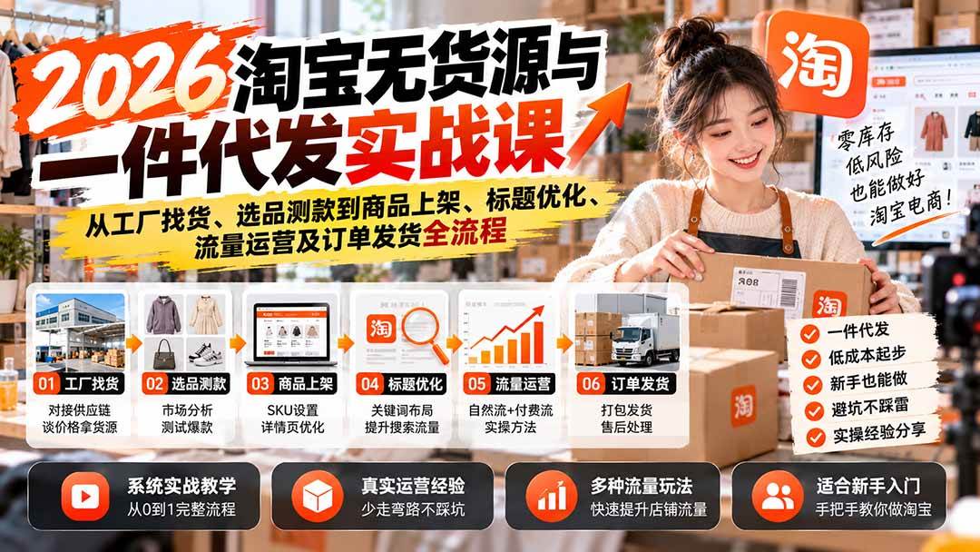 (20903期)2026淘宝无货源与一件代发实战课:从工厂找货、选品测款到商品上架、标题优化、流量运营及订单发货全流程-资源共享