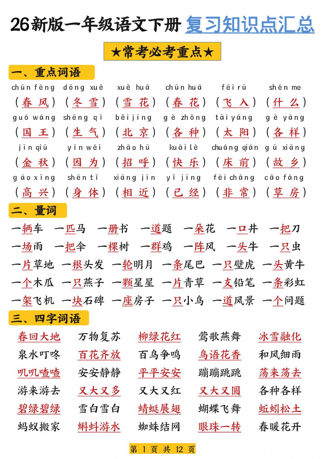 26春一年级下语文期末复习高频考点知识汇总
