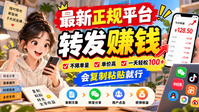 最新正规平台,转发賺钱,不限单量,单价高,一天轻松100+,会复制粘贴就行【揭秘】-资源共享