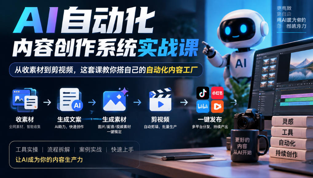 AI自动化内容创作系统实战课,从收素材到剪视频,这套课教你搭自己的自动化内容工厂-资源共享