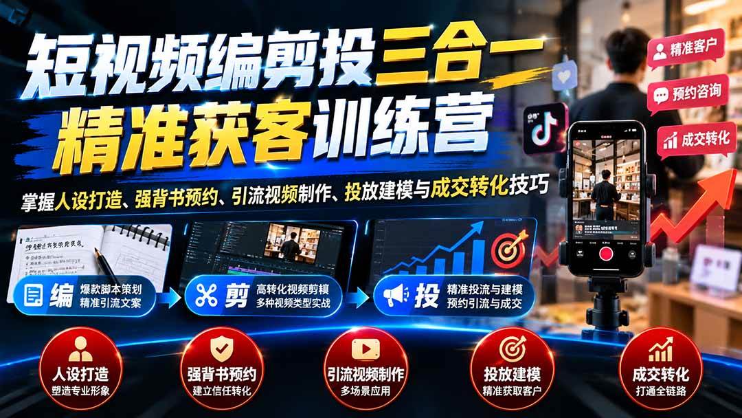 (20910期)短视频编剪投三合一精准获客训练营:掌握人设打造、强背书预约、引流视频制作、投放建模与成交转化技巧-资源共享