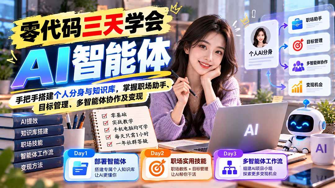 (20978期)【无水印】零代码三天学会AI智能体:手把手搭建个人分身与知识库,掌握职场助手、目标管理、多智能体协作及变现-资源共享