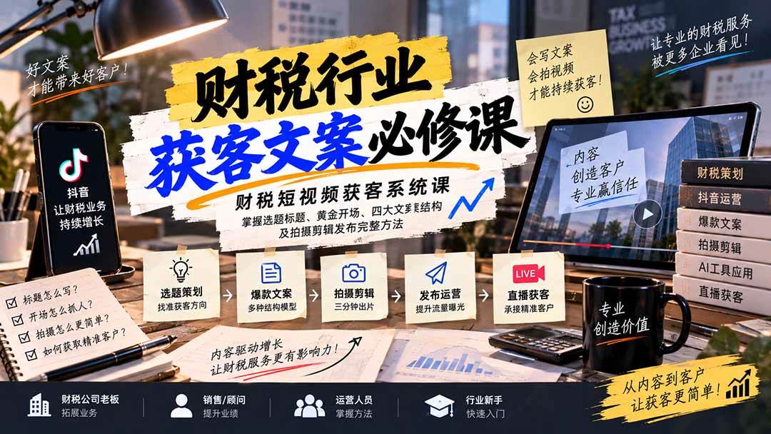 （20591期）财税短视频获客系统课：掌握选题标题、黄金开场、四大文案结构及拍摄剪辑发布完整方法-资源共享