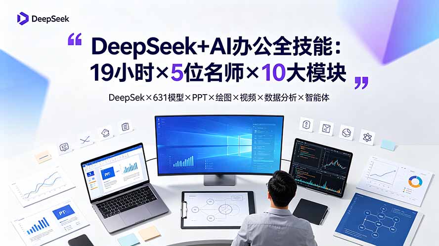 DeepSeek+AI办公全技能:19小时×5位名师×10大模块,DeepSeek×631模型×PPT×绘图×视频×数据分析×智能体-资源共享