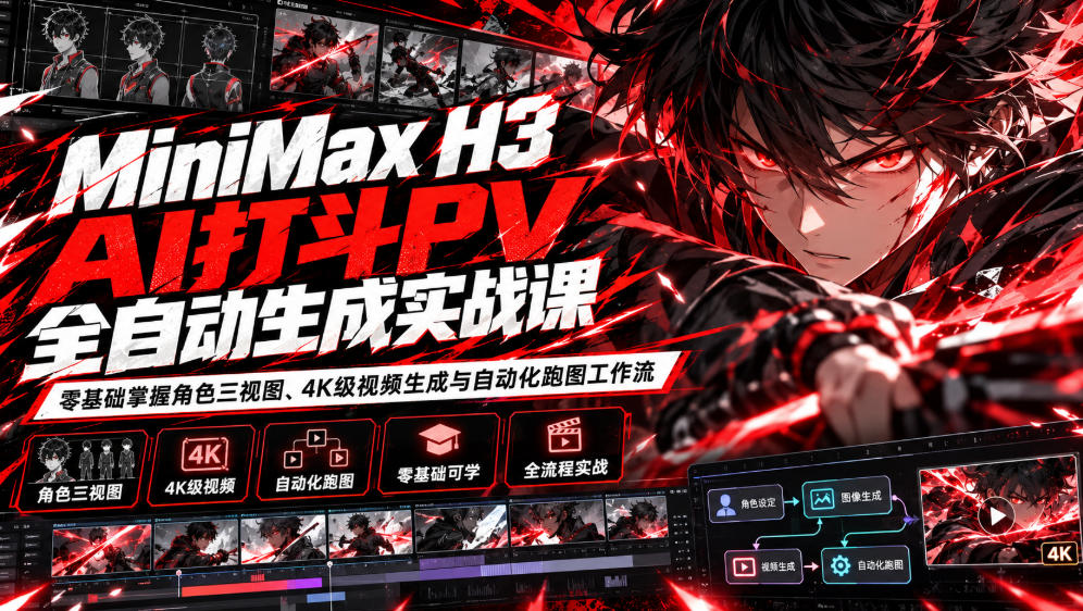 MiniMax H3 AI打斗PV全自动生成实战课:零基础掌握角色三视图、4K级视频生成与自动化跑图工作流 MiniMax H3 AI打斗PV全自动生成实战课:零基础掌握角色三视图、4K级视频生成与自动化跑图工作流