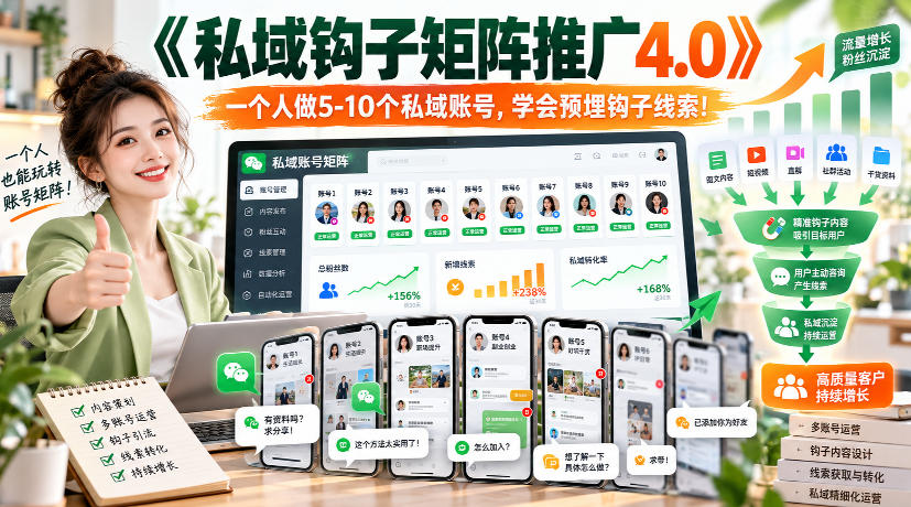 【无水印】《私域钩子矩阵推广4.0》一个人做5-10个私域账号，学会预埋钩子线索！-资源共享