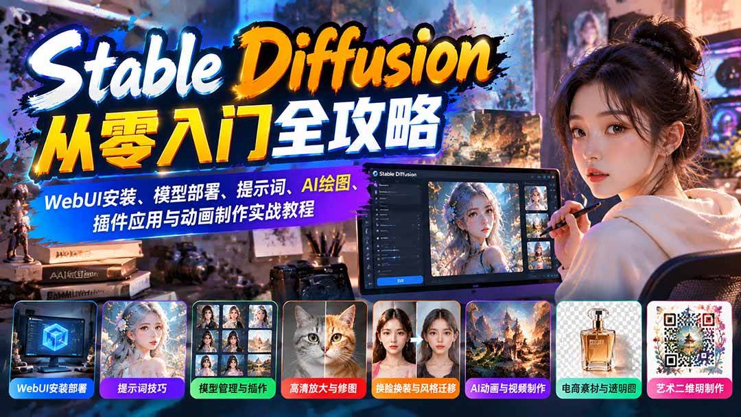 （21062期）Stable Diffusion从零入门全攻略：WebUI安装、模型部署、提示词、AI绘图、插件应用与动画制作实战教程-资源共享