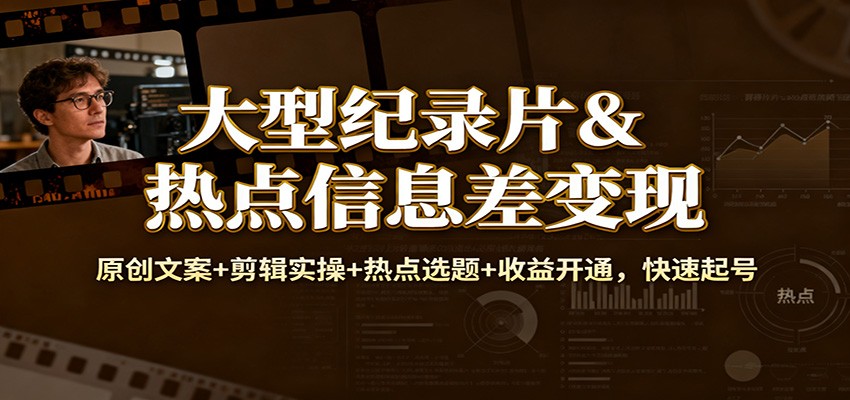 大型纪录片&热点信息差变现：原创文案+剪辑实操+热点选题+收益开通，快速起号-资源共享