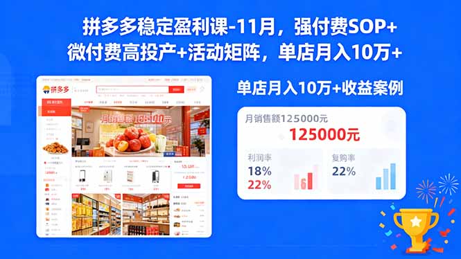拼多多稳定盈利课-11月，强付费SOP+微付费高投产+活动矩阵，单店月入10w+-资源共享