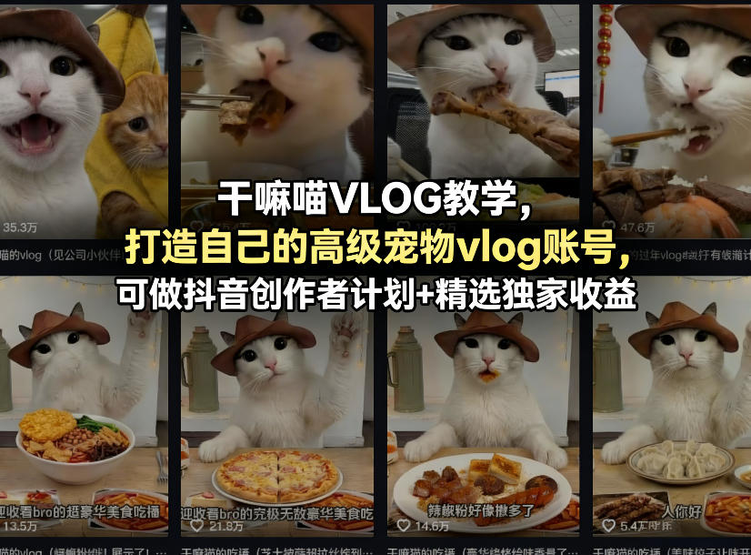 干嘛喵VLOG教学，打造自己的高级宠物vlog账号，可做抖音创作者计划+精选独家收益-资源共享