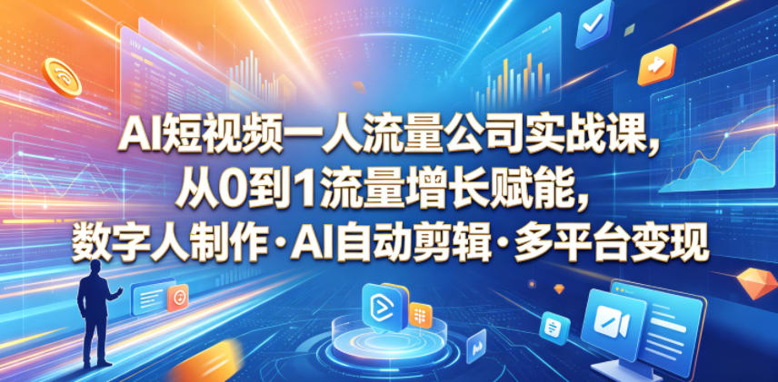 AI短视频一人流量公司实战课,从0到1流量增长赋能,数字人制作・AI自动剪辑・多平台变现,一人做流量生意全落地教程-资源共享