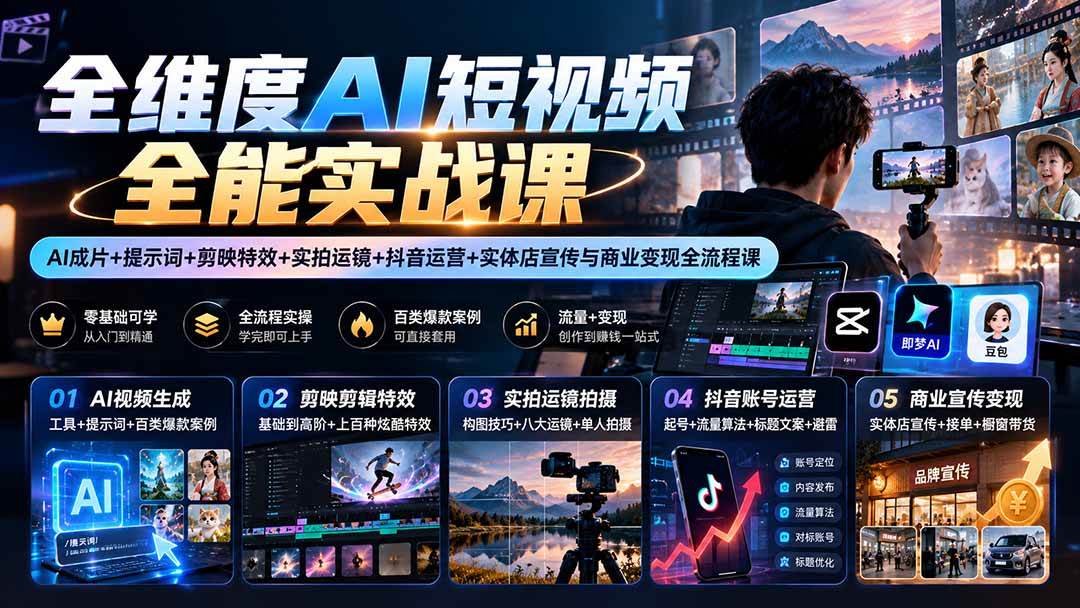 （20768期）【无水印】全维度AI短视频全能实战课：AI成片+提示词+剪映特效+实拍运镜+抖音运营+实体店宣传与商业变现全流程课-资源共享