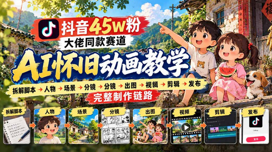 抖音45W粉大佬同款赛道AI怀旧动画实战课：拆解脚本→人物→场景→分镜→出图→视频→剪辑→发布完整制作链路-资源共享