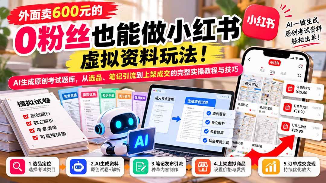 (21181期)外面卖600元的 零粉丝也能做小红书虚拟资料玩法!AI生成原创考试题库,从选品、笔记引流到上架成交的完整实操教程-资源共享