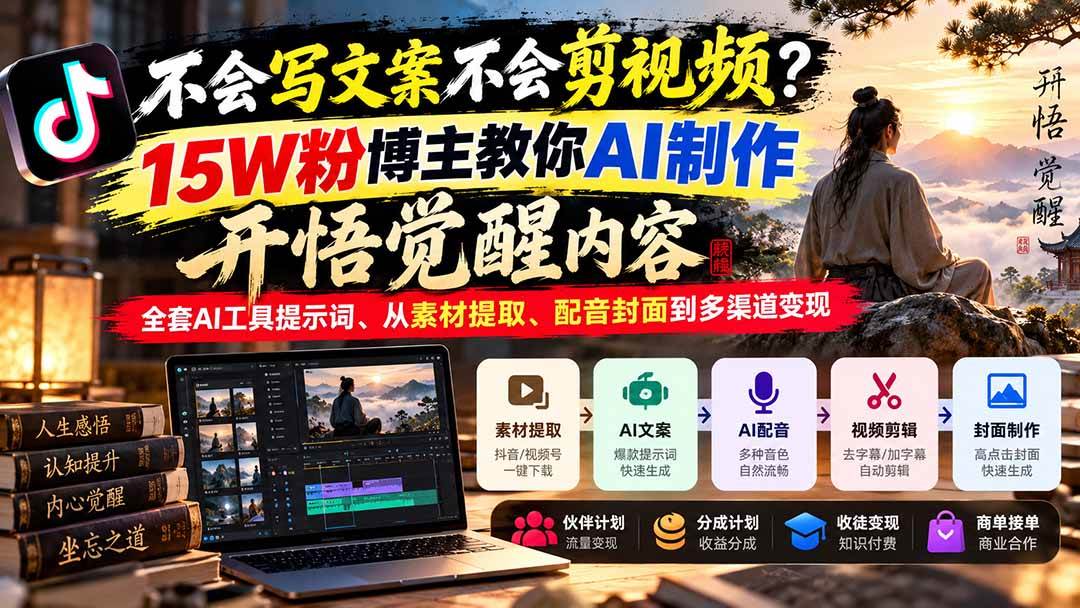 （21085期）不会写文案不会剪视频？15W粉博主教你AI制作开悟觉醒内容，全套AI工具提示词、从素材提取、配音封面到多渠道变现-资源共享