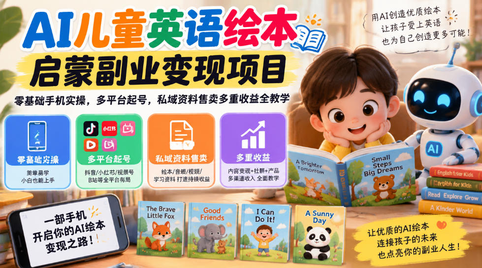 AI儿童英语绘本启蒙副业变现项目，零基础手机实操，多平台起号，私域资料售卖多重收益全教学-资源共享