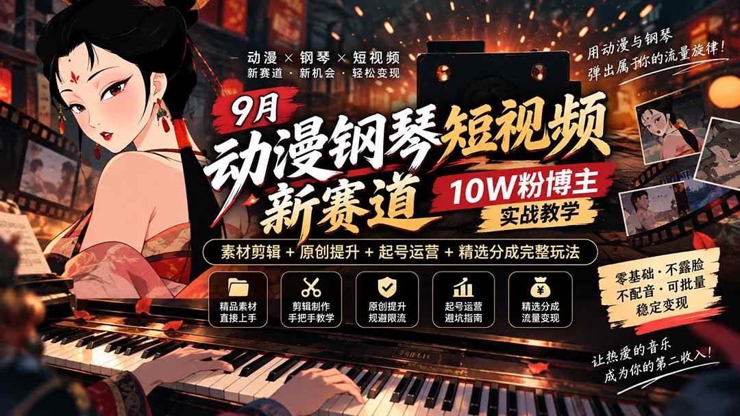 （20506期）9月动漫钢琴短视频新赛道｜10W粉博主实战教学，素材剪辑+原创提升+起号运营+精选分成完整玩法-资源共享