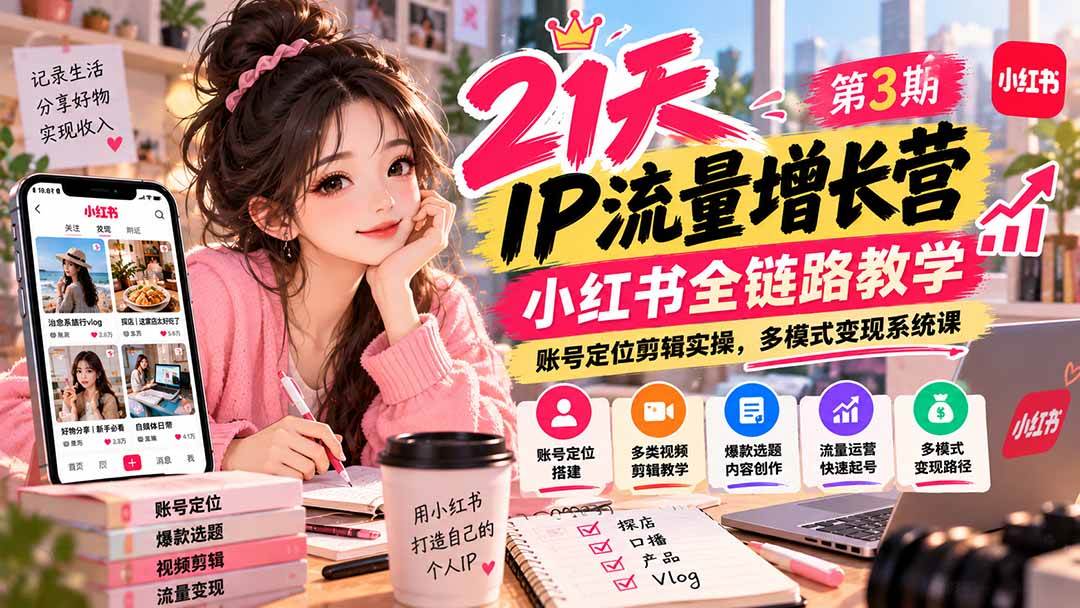 (20992期)【无水印】21天IP流量增长营-第3期,小红书全链路教学,账号定位剪辑实操,多模式变现系统课-资源共享