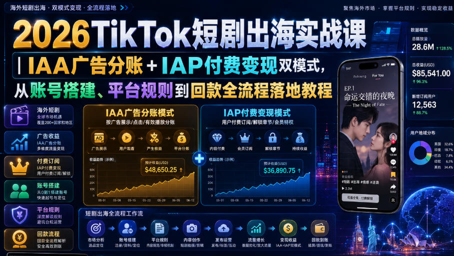 2026TikTok短剧出海实战课|IAA广告分账+IAP付费变现双模式,从账号搭建、平台规则到回款全流程落地教程-资源共享