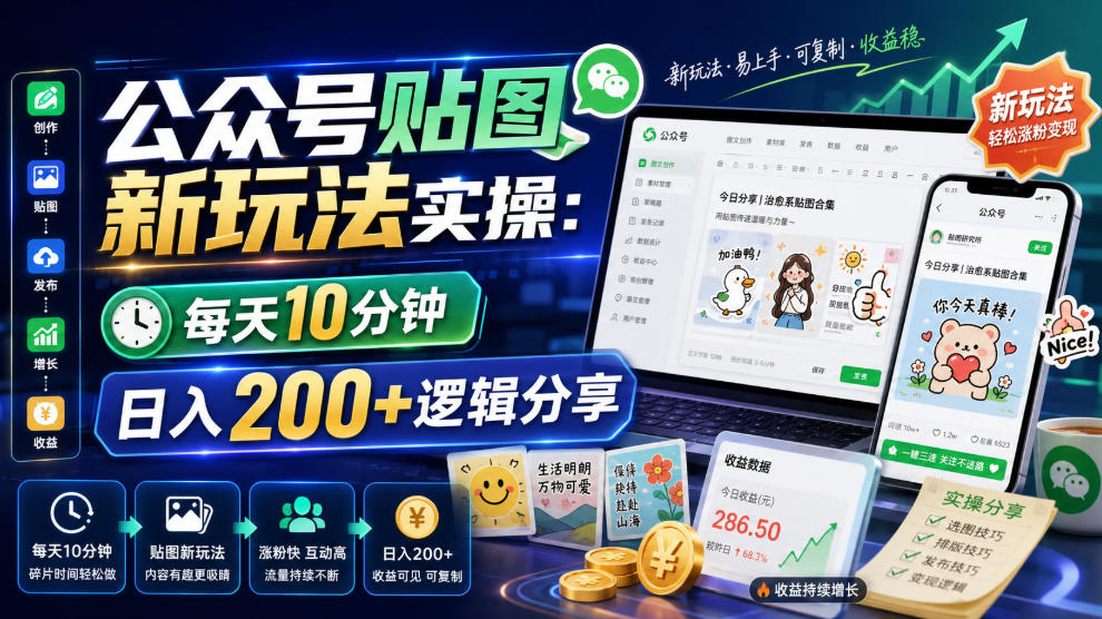 公众号贴图新玩法实操，每天10分钟，日入200+逻辑分享-资源共享