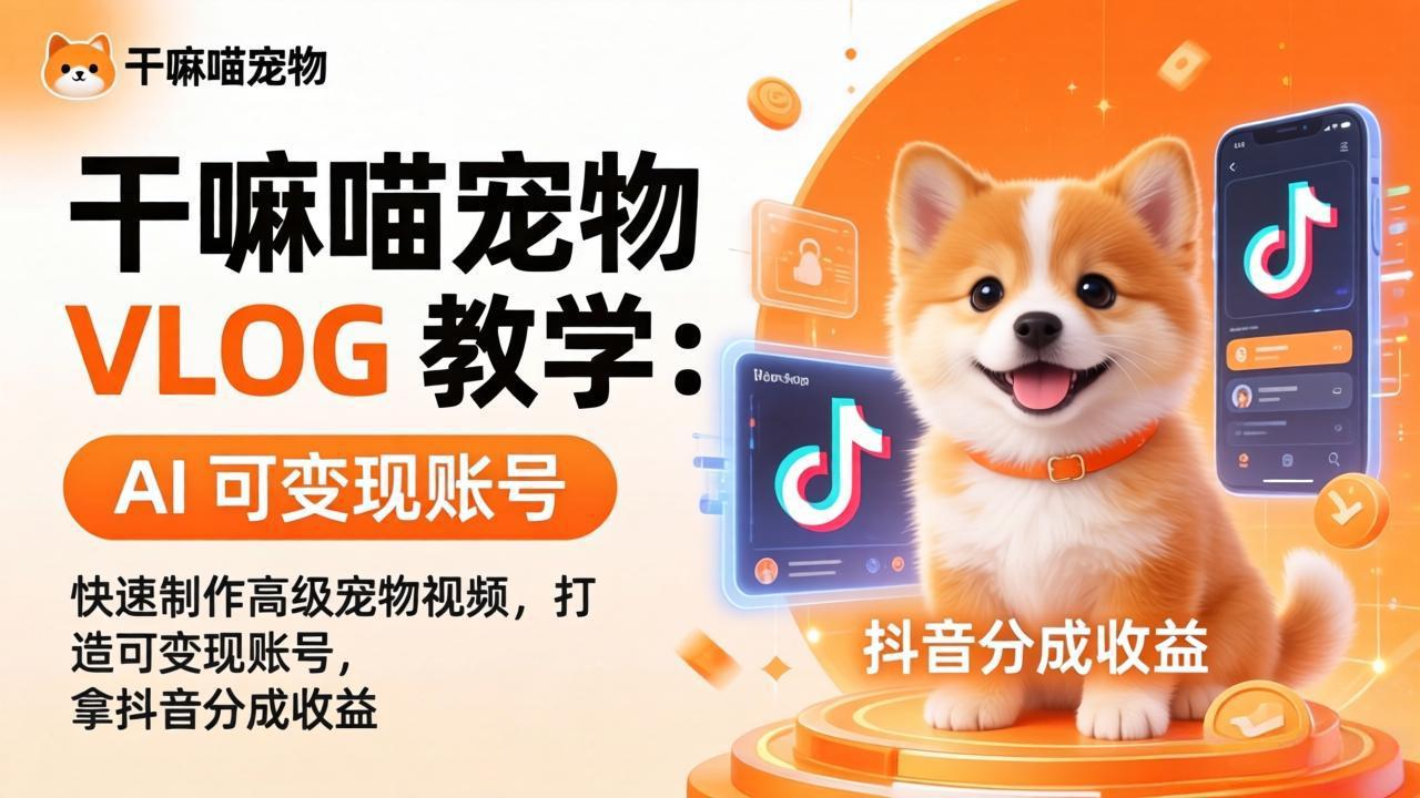 干嘛喵宠物 VLOG 教学：AI 快速制作高级宠物视频，打造可变现账号，拿抖音分成收益-资源共享