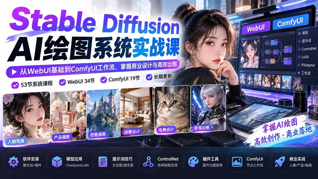 (20678期)Stable Diffusion AI绘图系统实战课:从WebUI基础到ComfyUI工作流,掌握商业设计与高效出图 (20678期)Stable Diffusion AI绘图系统实战课:从WebUI基础到ComfyUI工作流,掌握商业设计与高效出图