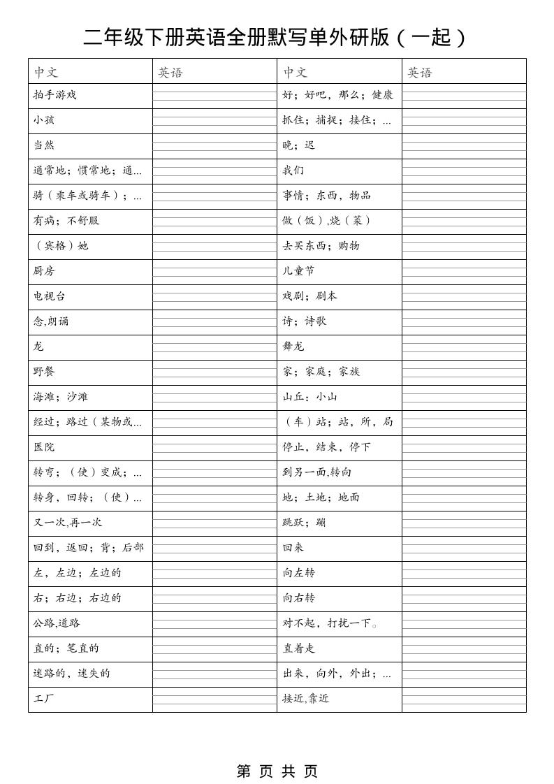 二年级下英语全册默写单（看中写英）《外研版（一起）》-资源共享