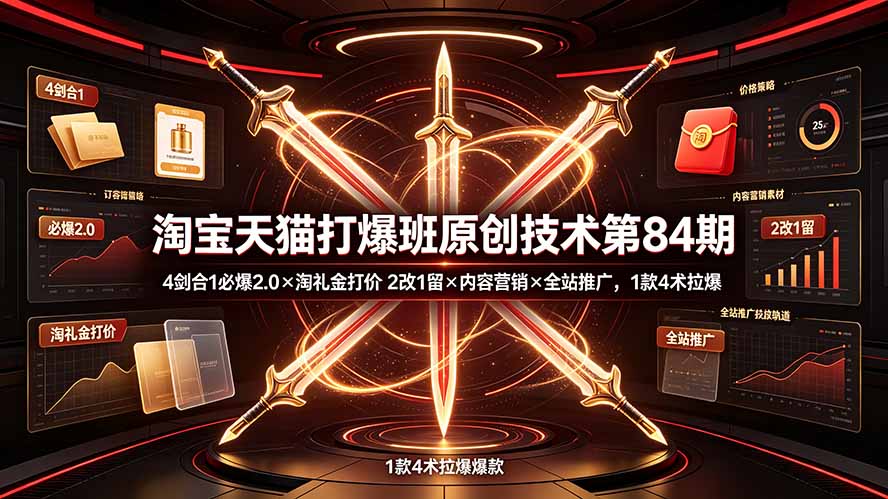淘宝天猫打爆班原创技术第84期：4剑合1必爆2.0×淘礼金打价×2改1留×内容营销×全站推广，1款4术拉爆-资源共享