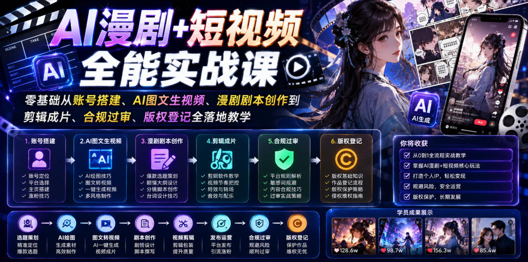 AI漫剧+短视频全能实战课｜零基础从账号搭建、AI图文生视频、漫剧剧本创作到剪辑成片、合规过审、版权登记全落地教学-资源共享