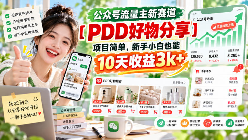 公众号流量主新赛道【PDD好物分享】，项目简单，新手小白也能10天收益3k+-资源共享