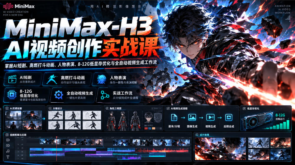 MiniMax-H3 AI视频创作实战课，掌握AI短剧、高燃打斗动画、人物表演、8-12G低显存优化与全自动视频生成工作流-资源共享