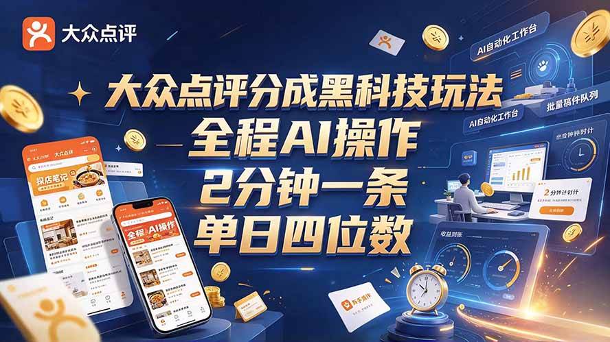 (21013期)大众点评分成全网独家玩法,AI 全自动出内容,2 分钟一条,小白可冲单日四位数-资源共享