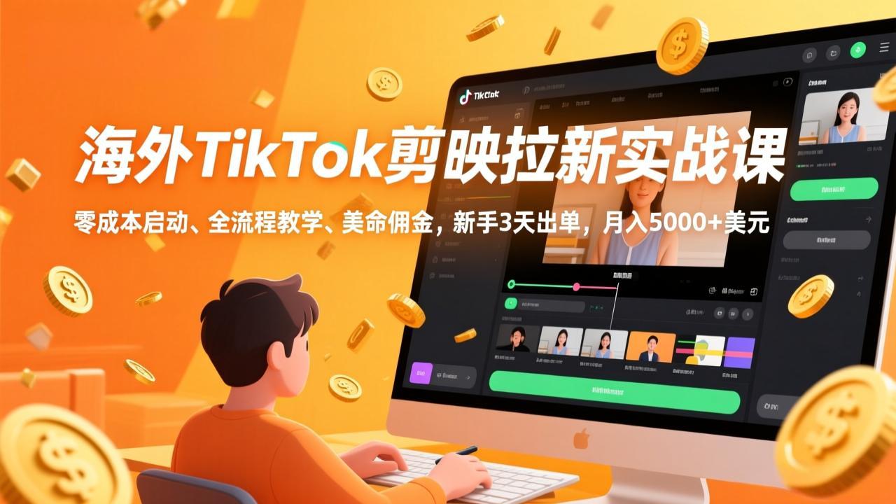 海外TikTok剪映拉新实战课，零成本启动、全流程教学、美金佣金，新手3天出单，月入5000+美元-资源共享