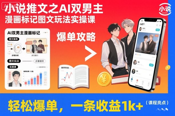 小说推文之AI双男主漫画标记图文玩法实操课，轻松爆单，一条收益1k+-资源共享