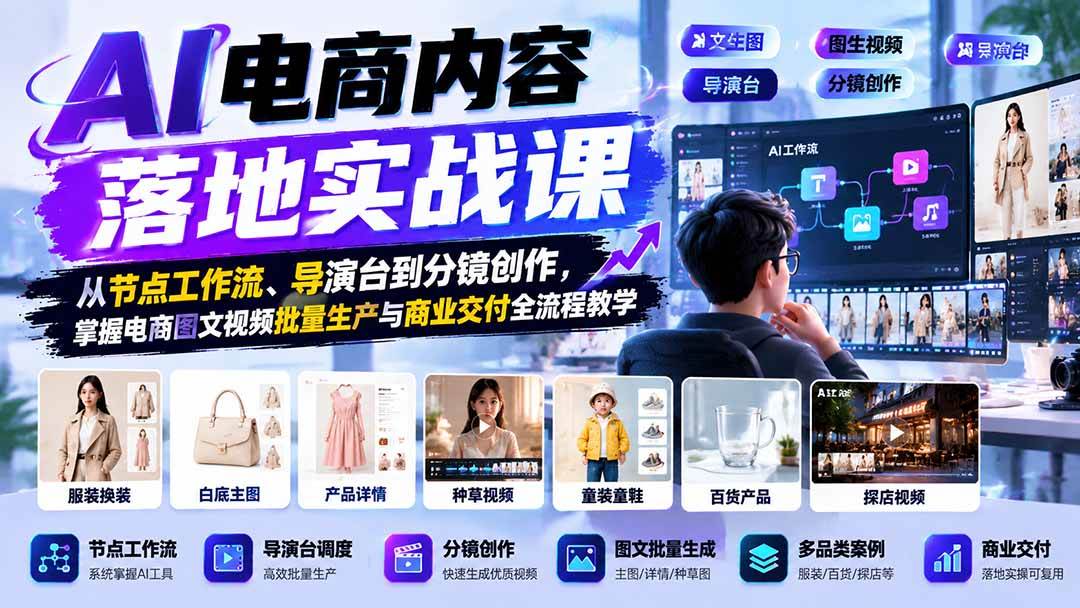 (21136期)AI电商内容落地实战课:从节点工作流、导演台到分镜创作,掌握电商图文视频批量生产与商业交付全流程教学-资源共享