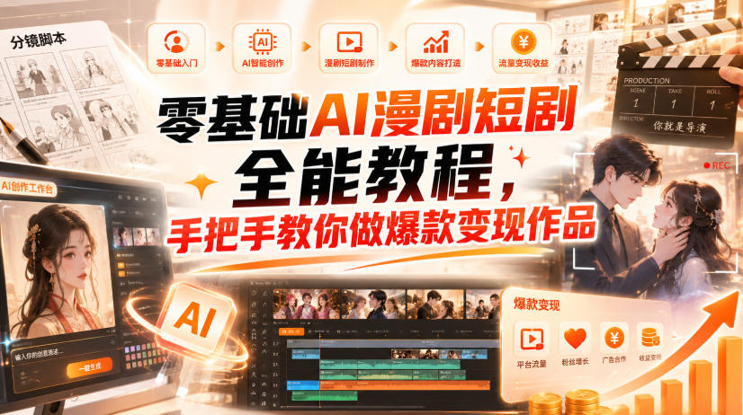 零基础AI漫剧短剧全能教程，从AI智能体搭建、文案脚本分镜、多平台AI生视频、剪映精修，覆盖全题材创作，手把手教你做爆款变现作品-资源共享