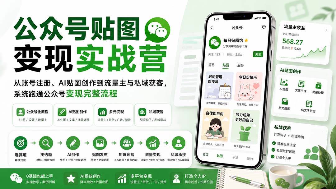 (20120期)公众号贴图变现实战营:从账号注册、AI贴图创作到流量主与私域获客,系统跑通公众号变现完整流程-资源共享